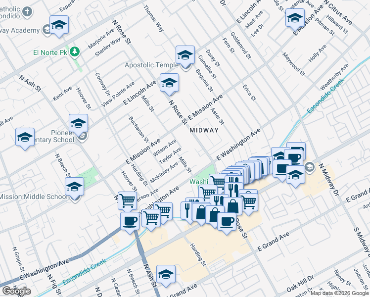 map of restaurants, bars, coffee shops, grocery stores, and more near 671 North Rose Street in Escondido