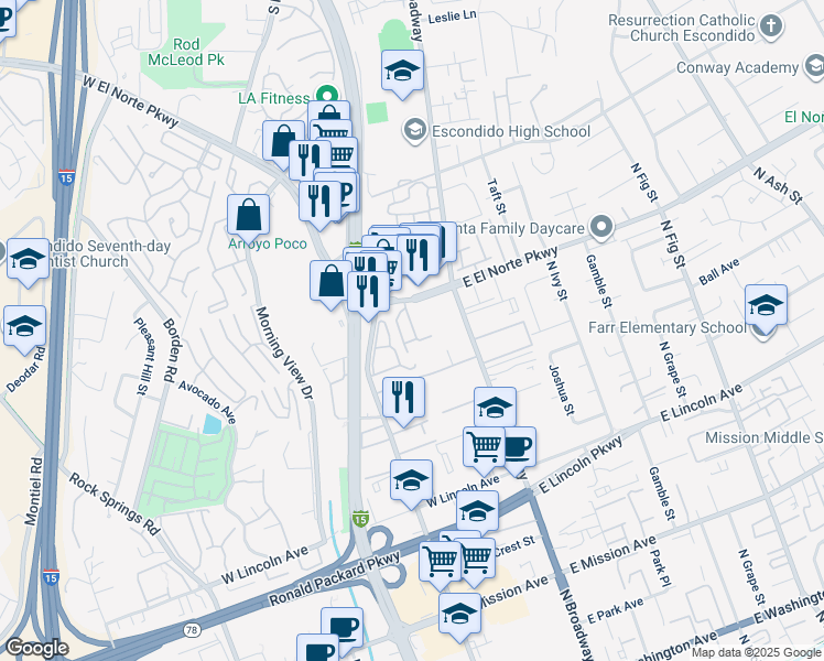 map of restaurants, bars, coffee shops, grocery stores, and more near 1204 North Escondido Boulevard in Escondido