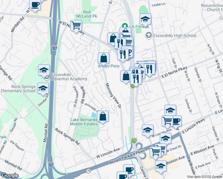 map of restaurants, bars, coffee shops, grocery stores, and more near 1332 Morning View Drive in Escondido