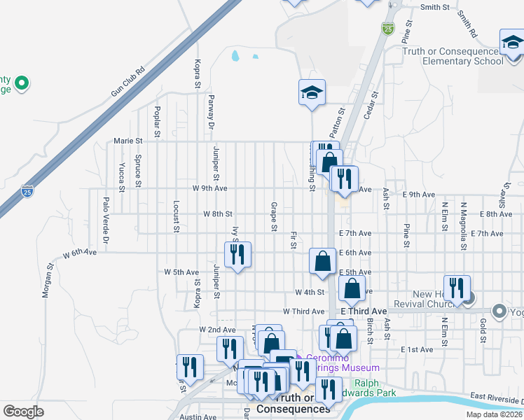 map of restaurants, bars, coffee shops, grocery stores, and more near 700-798 Grape Street in Truth or Consequences