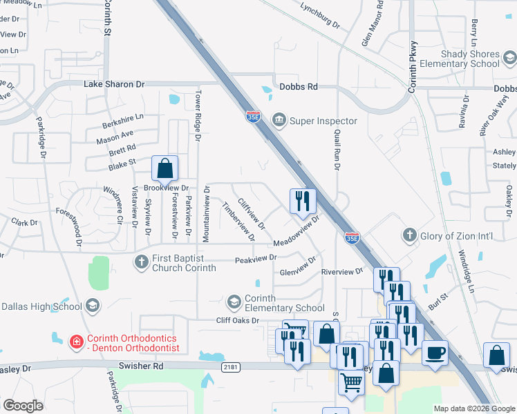 map of restaurants, bars, coffee shops, grocery stores, and more near 3404 Bellview Drive in Corinth