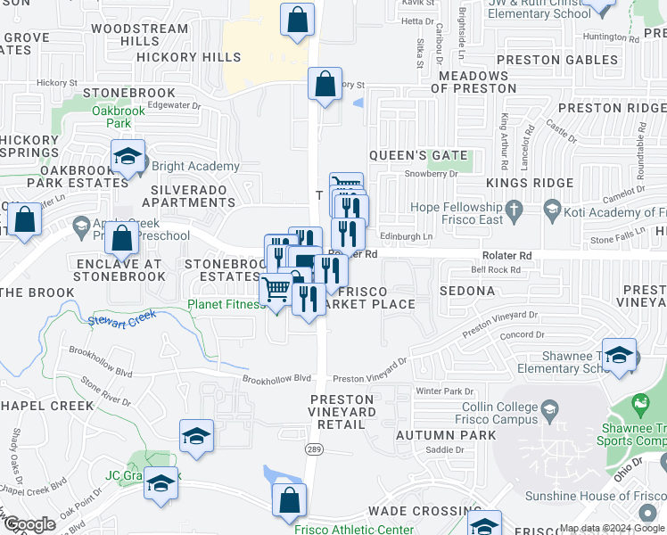 map of restaurants, bars, coffee shops, grocery stores, and more near 7220 Preston Road in Frisco