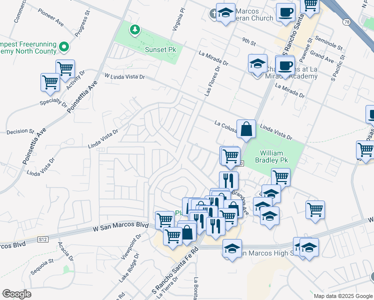 map of restaurants, bars, coffee shops, grocery stores, and more near 819 Via Bella Maria in San Marcos