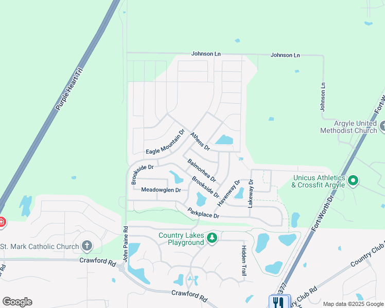 map of restaurants, bars, coffee shops, grocery stores, and more near 5713 Millers Creek Drive in Argyle