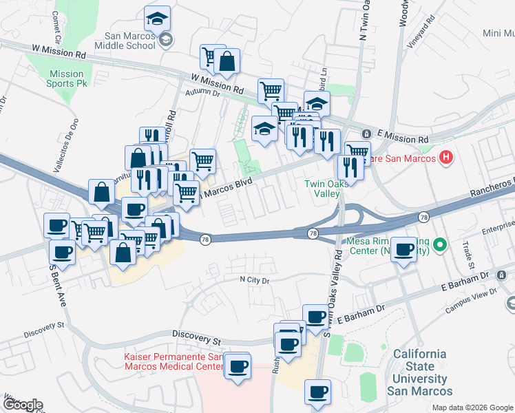 map of restaurants, bars, coffee shops, grocery stores, and more near 129 Johnston Lane in San Marcos