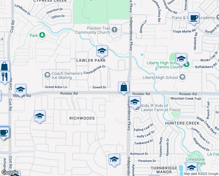 map of restaurants, bars, coffee shops, grocery stores, and more near 14281 Sowell Drive in Frisco