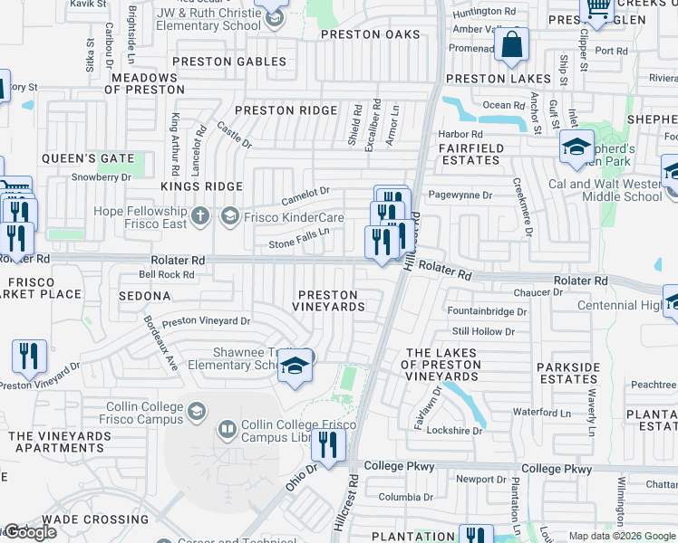 map of restaurants, bars, coffee shops, grocery stores, and more near 7117 Stone Hearth Drive in Frisco