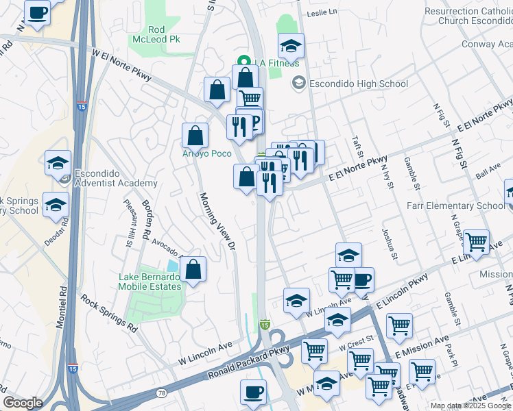 map of restaurants, bars, coffee shops, grocery stores, and more near 1303 Las Villas Way in Escondido