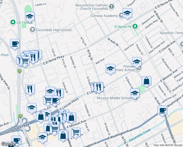 map of restaurants, bars, coffee shops, grocery stores, and more near 1130 North Grape Street in Escondido