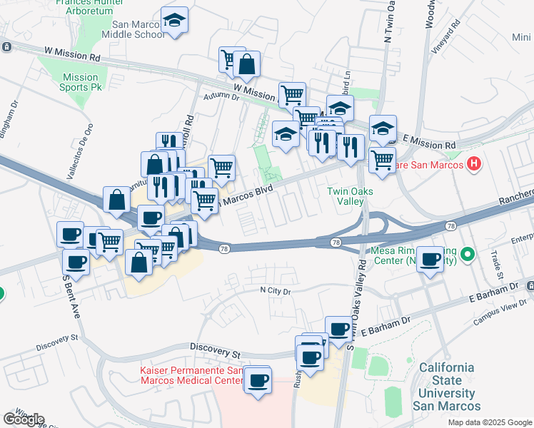 map of restaurants, bars, coffee shops, grocery stores, and more near 129 Johnston Lane in San Marcos