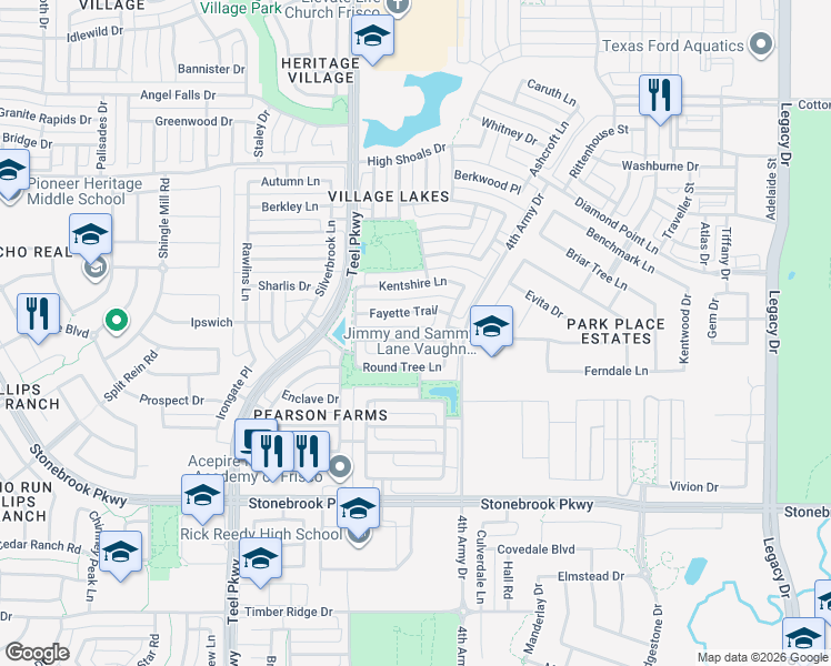 map of restaurants, bars, coffee shops, grocery stores, and more near 3111 Ivygreen Road in Frisco