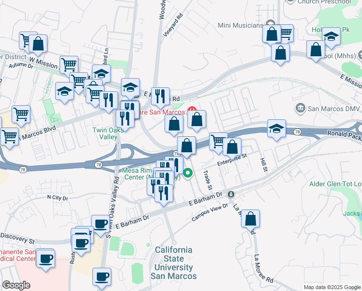 map of restaurants, bars, coffee shops, grocery stores, and more near 304 Rancheros Drive in San Marcos