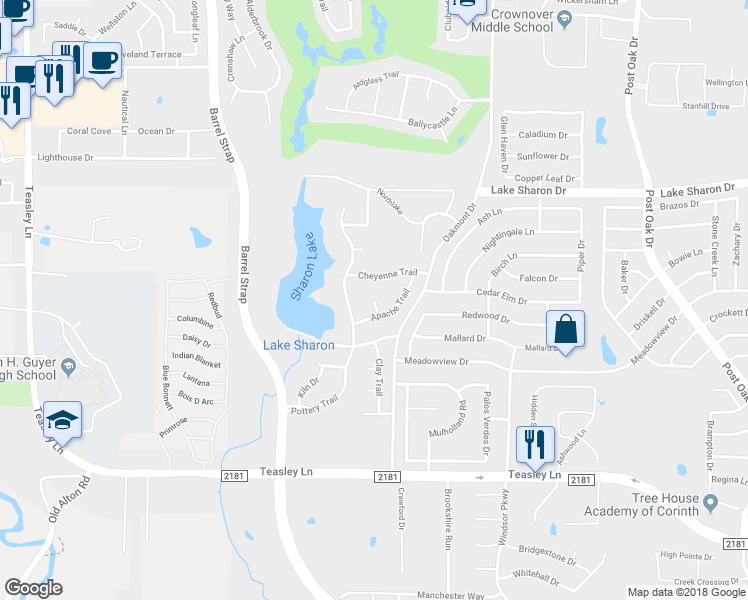 map of restaurants, bars, coffee shops, grocery stores, and more near 2902 Sioux Court in Corinth