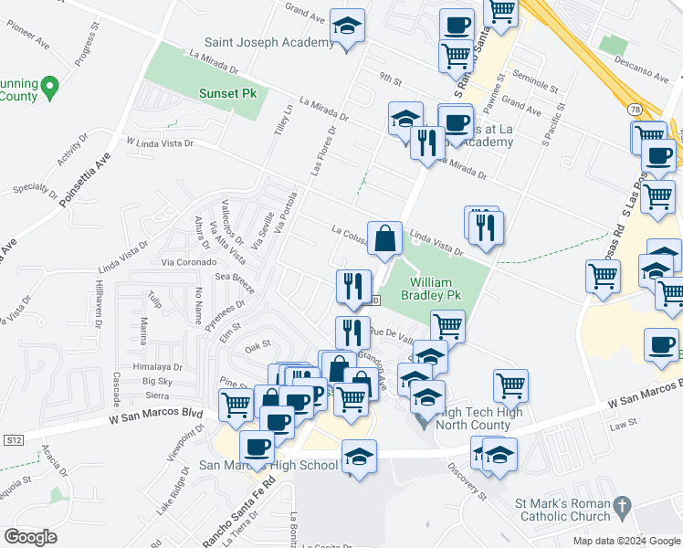 map of restaurants, bars, coffee shops, grocery stores, and more near 3919 Las Cruces Avenue in San Marcos
