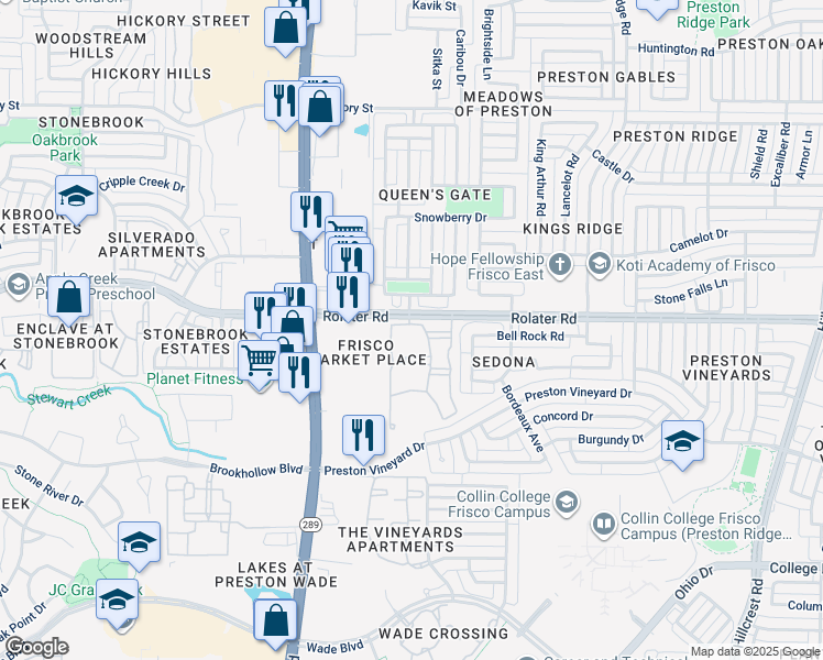 map of restaurants, bars, coffee shops, grocery stores, and more near 9425 Rolater Road in Frisco