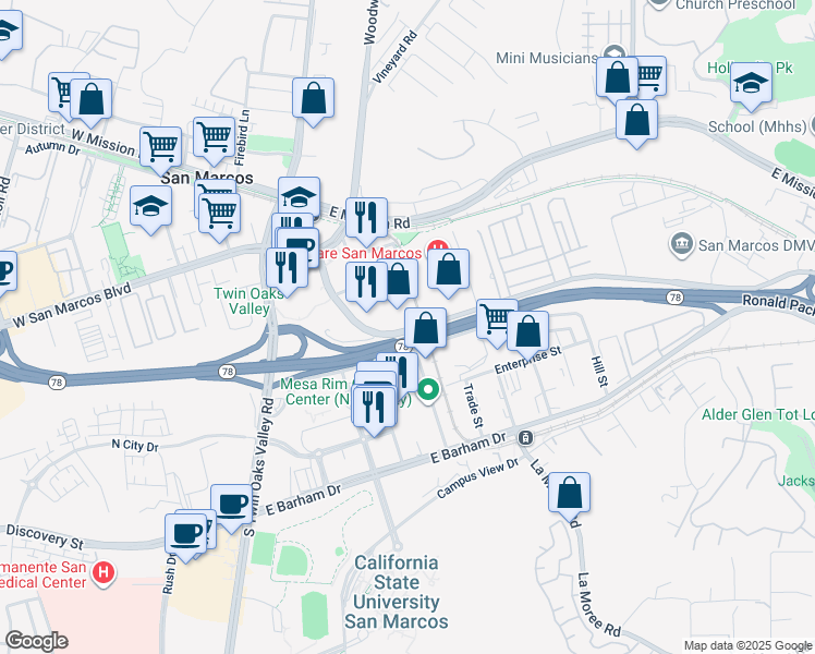 map of restaurants, bars, coffee shops, grocery stores, and more near 304 Rancheros Drive in San Marcos