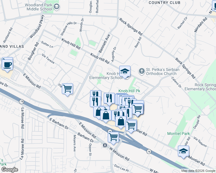 map of restaurants, bars, coffee shops, grocery stores, and more near 1592 Rambla Brisa in San Marcos