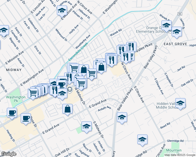 map of restaurants, bars, coffee shops, grocery stores, and more near 2121 East Valley Parkway in Escondido