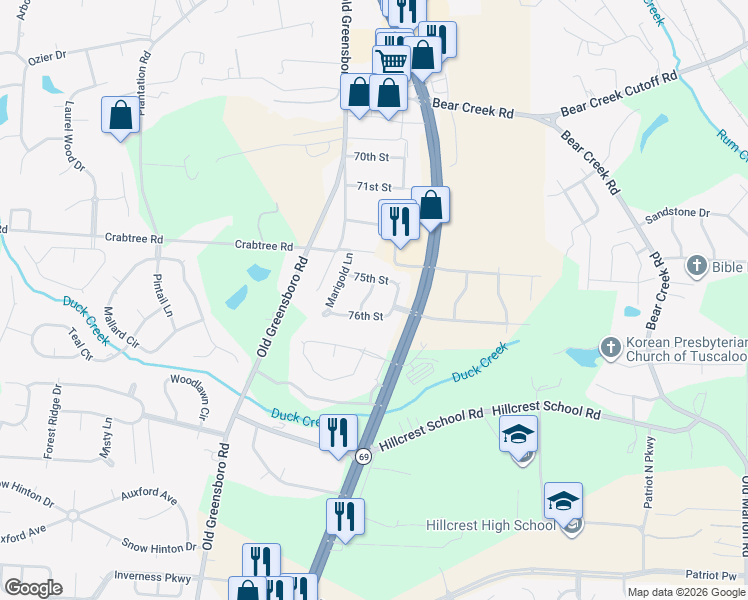 map of restaurants, bars, coffee shops, grocery stores, and more near 614 76th St in Tuscaloosa