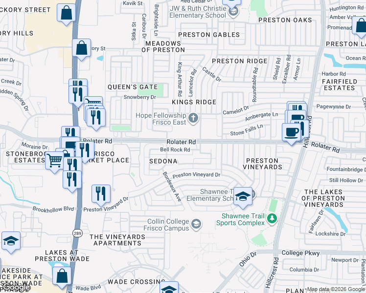 map of restaurants, bars, coffee shops, grocery stores, and more near 10031 Bellrock Road in Frisco