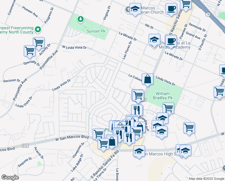 map of restaurants, bars, coffee shops, grocery stores, and more near 811 Via Bella Maria in San Marcos