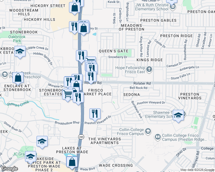 map of restaurants, bars, coffee shops, grocery stores, and more near 9425 Rolater Road in Frisco