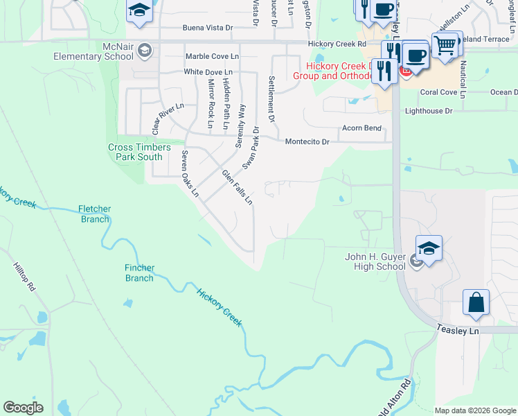 map of restaurants, bars, coffee shops, grocery stores, and more near 2275 Leatherwood Lane in Denton