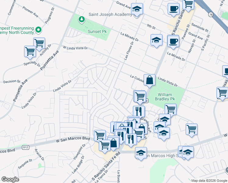 map of restaurants, bars, coffee shops, grocery stores, and more near 811 Via Bella Maria in San Marcos