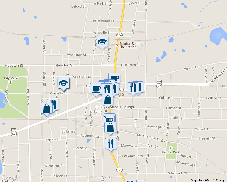 map of restaurants, bars, coffee shops, grocery stores, and more near 128 Jefferson Street West in Sulphur Springs