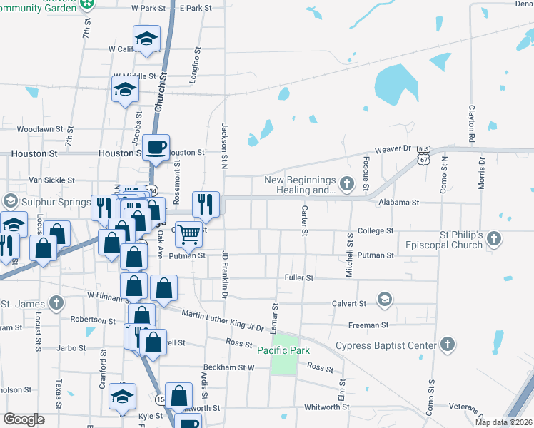 map of restaurants, bars, coffee shops, grocery stores, and more near 132 Lundy Street in Sulphur Springs