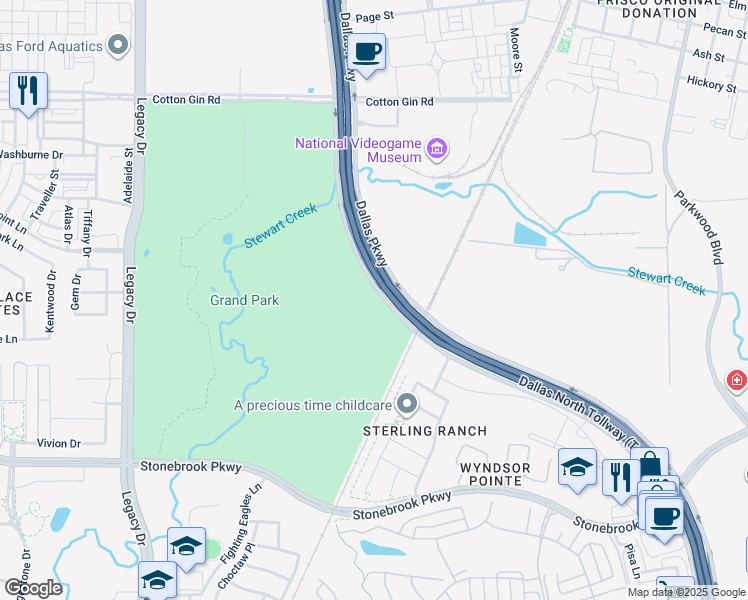 map of restaurants, bars, coffee shops, grocery stores, and more near 7275 Dallas Parkway in Frisco
