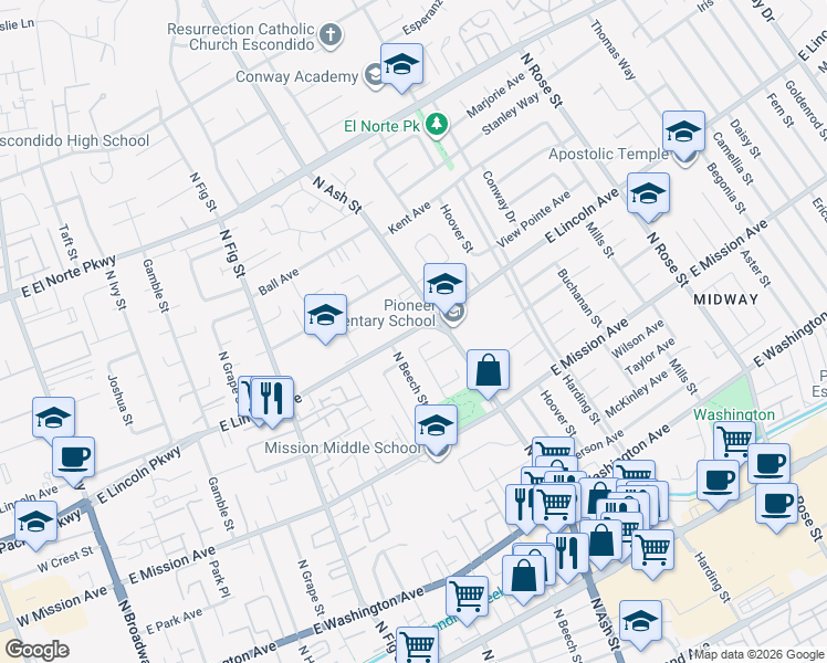 map of restaurants, bars, coffee shops, grocery stores, and more near 1145 East Lincoln Avenue in Escondido