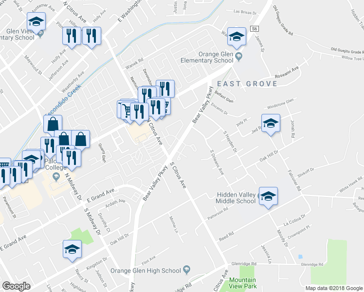 map of restaurants, bars, coffee shops, grocery stores, and more near 120 Auburn Glen in Escondido