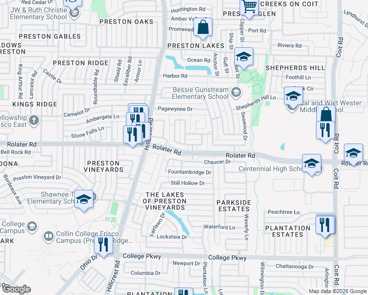 map of restaurants, bars, coffee shops, grocery stores, and more near 11264 Chaucer Drive in Frisco