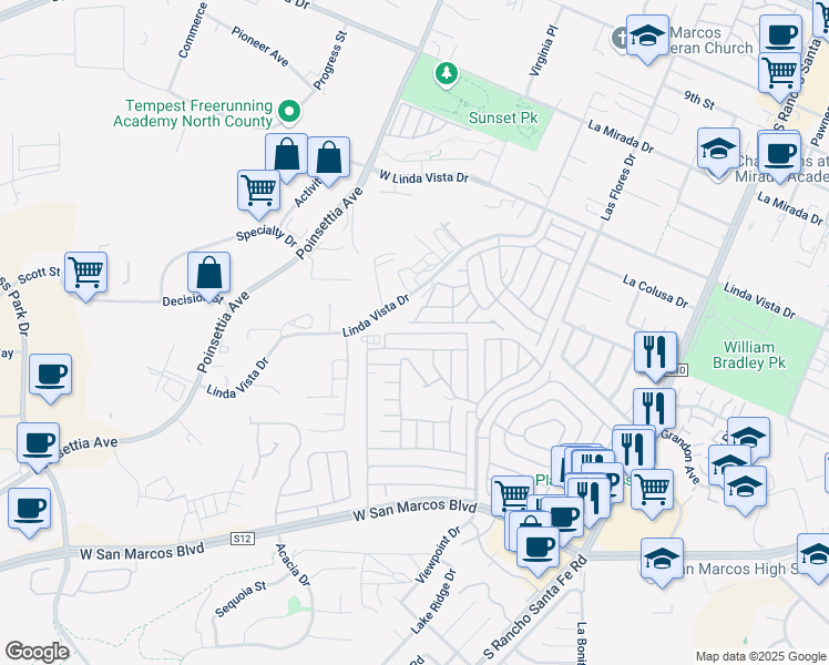 map of restaurants, bars, coffee shops, grocery stores, and more near 1930 West San Marcos Boulevard in San Marcos