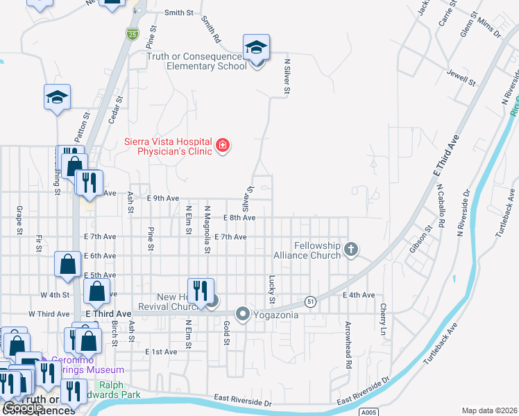 map of restaurants, bars, coffee shops, grocery stores, and more near 1001-1099 East 8th Avenue in Truth or Consequences