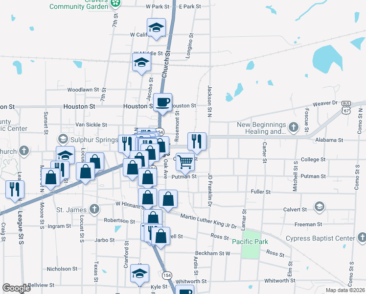 map of restaurants, bars, coffee shops, grocery stores, and more near 128 Jefferson Street West in Sulphur Springs