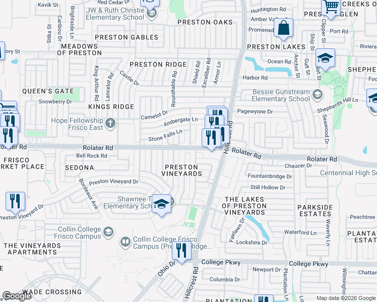 map of restaurants, bars, coffee shops, grocery stores, and more near 7117 Stone Hearth Drive in Frisco