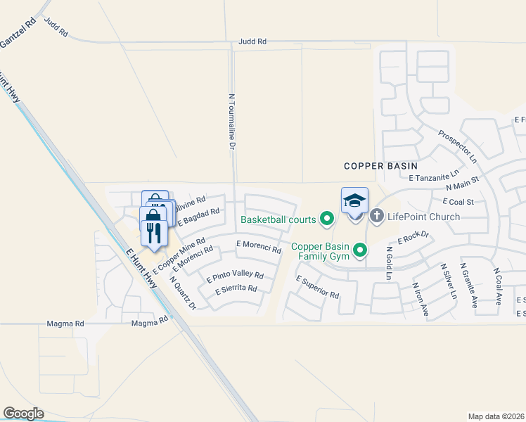 map of restaurants, bars, coffee shops, grocery stores, and more near 3180 East Mineral Park Road in San Tan Valley