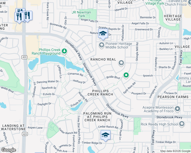 map of restaurants, bars, coffee shops, grocery stores, and more near 1559 Bridle Boulevard in Frisco