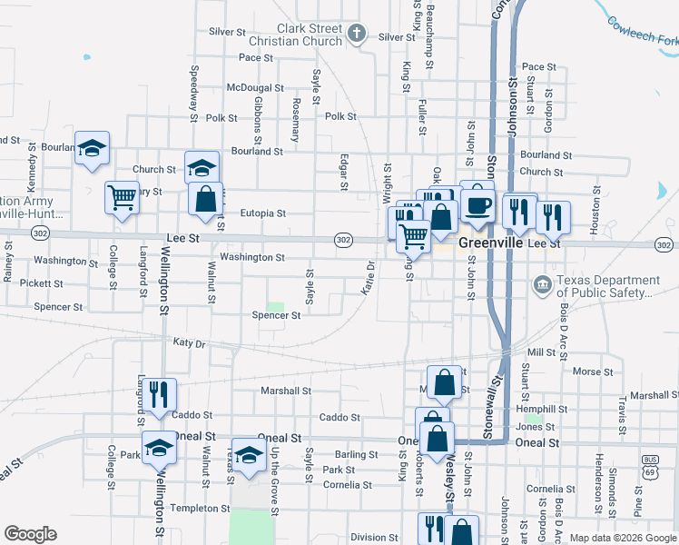 map of restaurants, bars, coffee shops, grocery stores, and more near 3210 Crockett Street in Greenville
