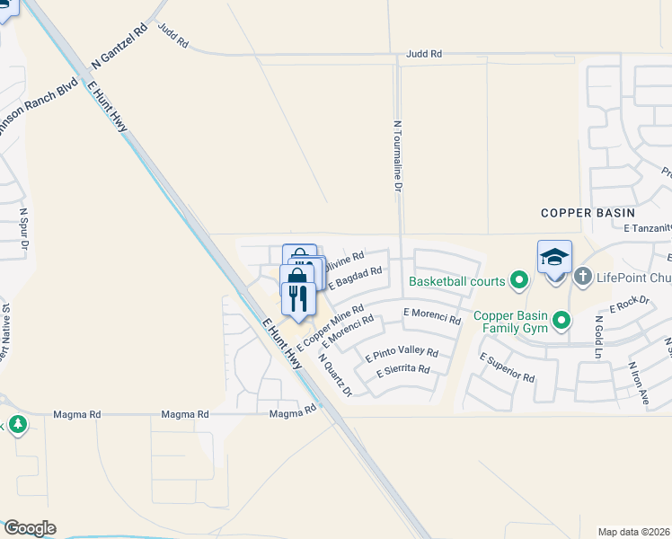 map of restaurants, bars, coffee shops, grocery stores, and more near 2636 East Bagdad Road in Queen Creek