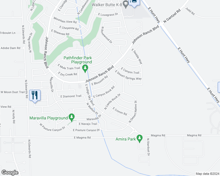 map of restaurants, bars, coffee shops, grocery stores, and more near 898 East Canyon Rock Road in Queen Creek