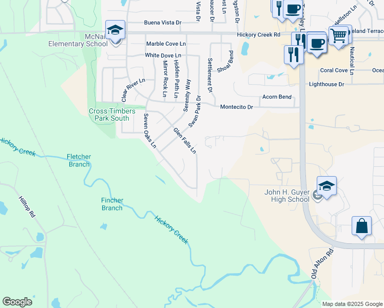 map of restaurants, bars, coffee shops, grocery stores, and more near 8900 Glen Falls Lane in Denton