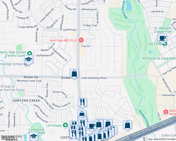 map of restaurants, bars, coffee shops, grocery stores, and more near 6370 Piper Glen Road in McKinney