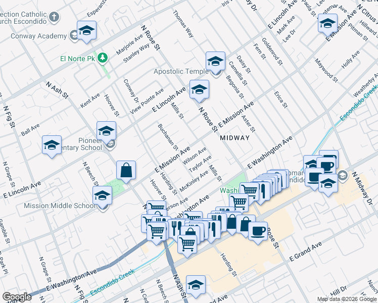 map of restaurants, bars, coffee shops, grocery stores, and more near 1439 East Mission Avenue in Escondido