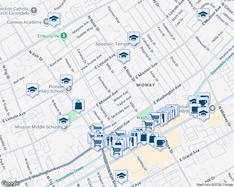 map of restaurants, bars, coffee shops, grocery stores, and more near 1439 East Mission Avenue in Escondido