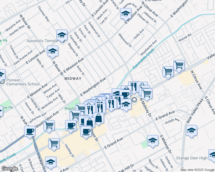 map of restaurants, bars, coffee shops, grocery stores, and more near 1753 Dawn Place in Escondido