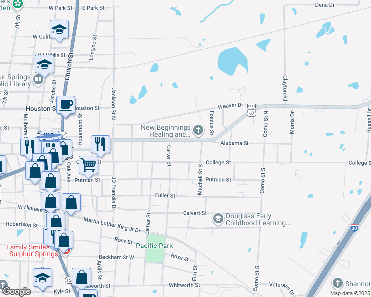 map of restaurants, bars, coffee shops, grocery stores, and more near 625 College Street in Sulphur Springs