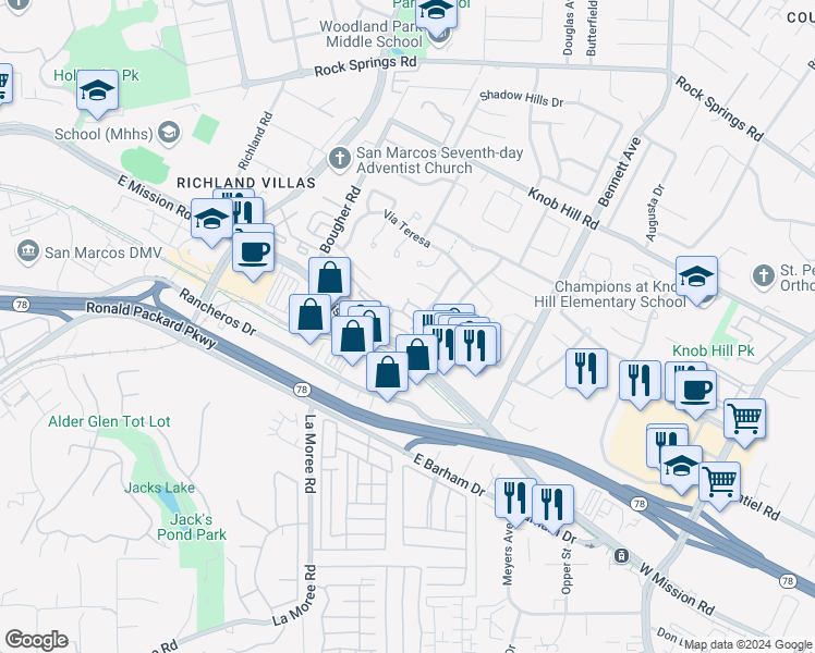 map of restaurants, bars, coffee shops, grocery stores, and more near 145 Cerco Rosado in San Marcos